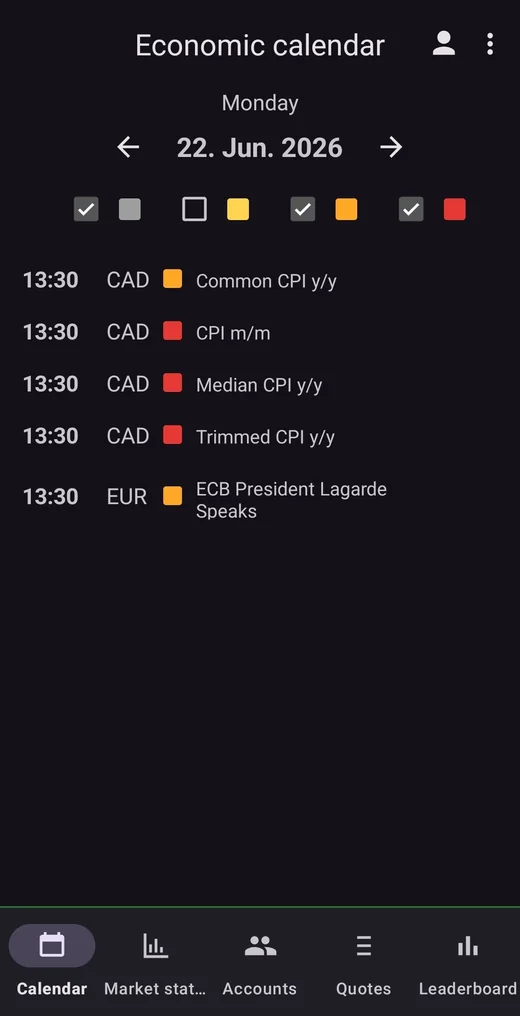 Economic calendar screenshot