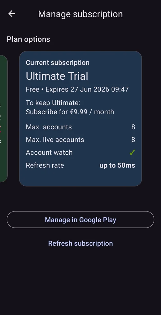 Mobile-EA subscription screen